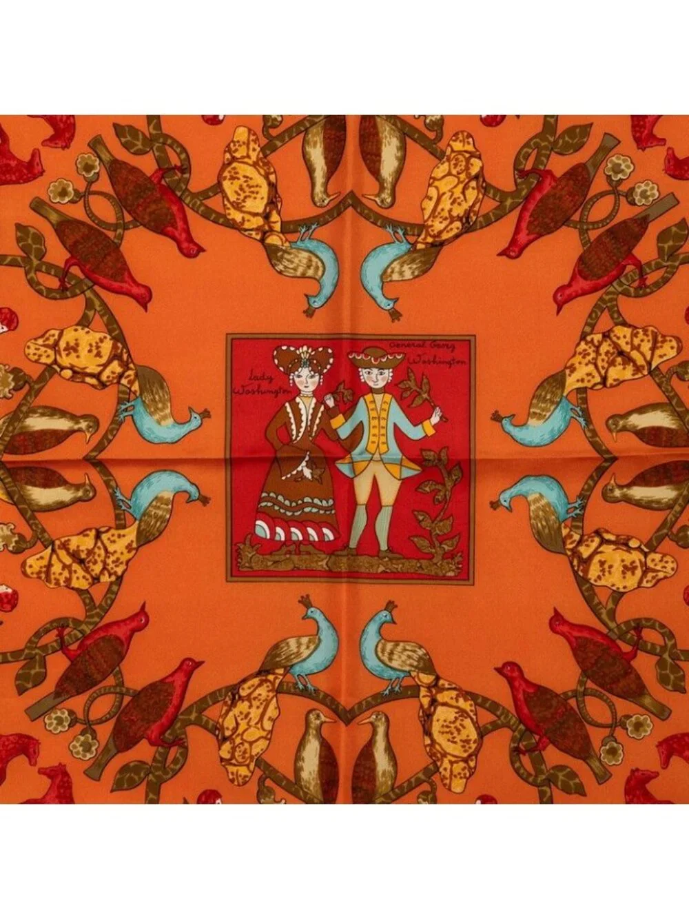 Hermes Carre 90 Early America Vintage Scarf Large Brown Multicolor Silk